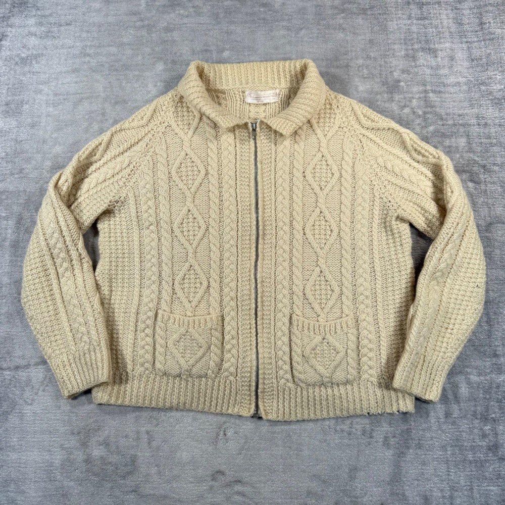 Blarney Woollen Mills Sweater Womens Medium Cream Aran Cable Knit Wool Fisherman